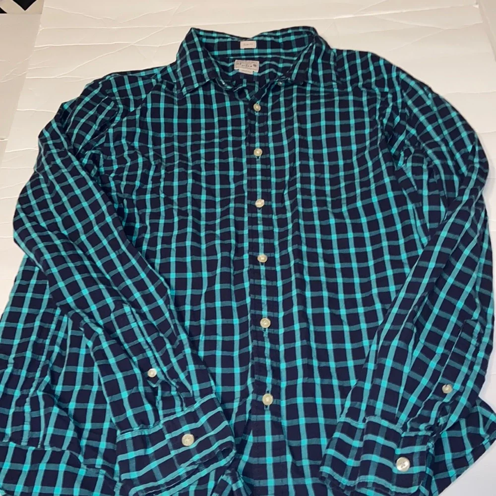 J. Crew button down long sleeved teal and black button downed shirt